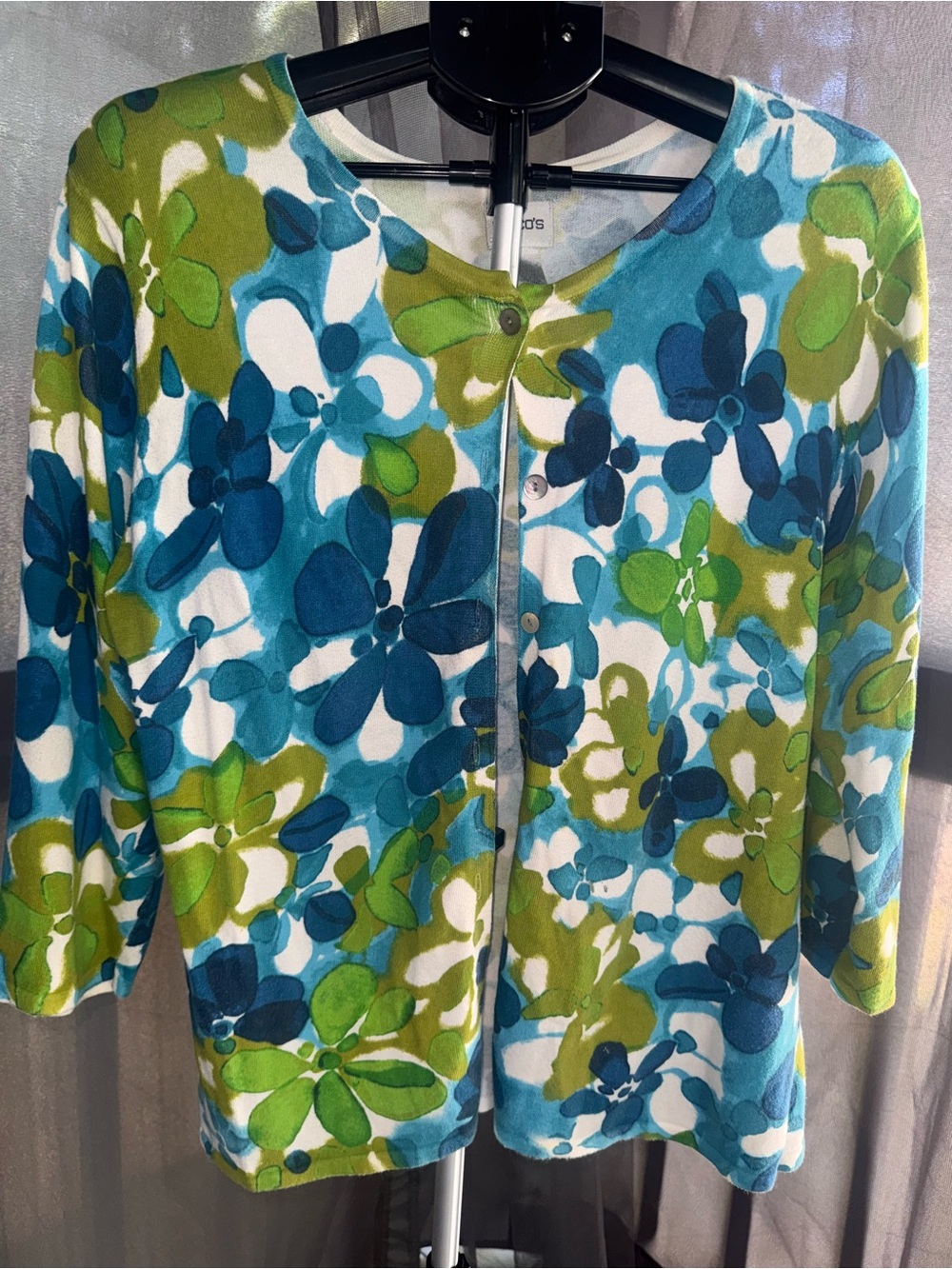 Chico's Blue & Green Floral Cardigan Sweater Size 2 (Medium/Large 12-14) 3/4
